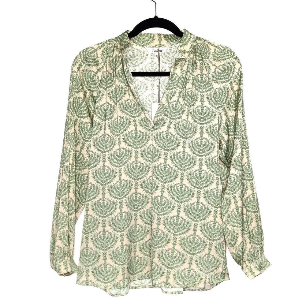 Tucker Long Sleeve Polo Blouse Ivory Vines in Stretch Georgette Silk Top Garden